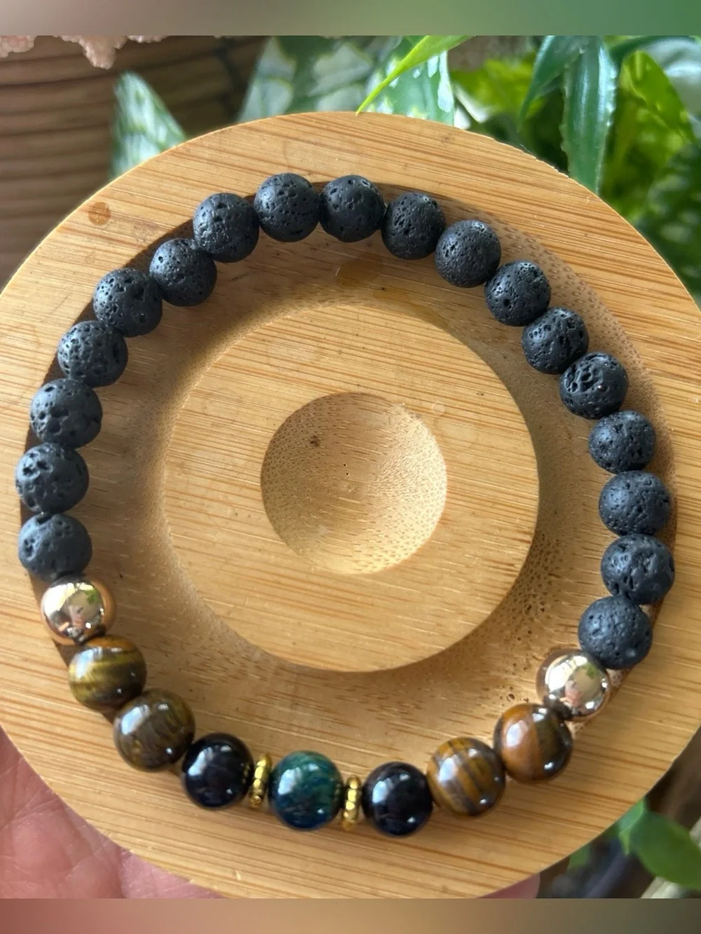 Lava Stone and Tiger Eye Beaded Stretch Bracelet - Blue Black & Brown